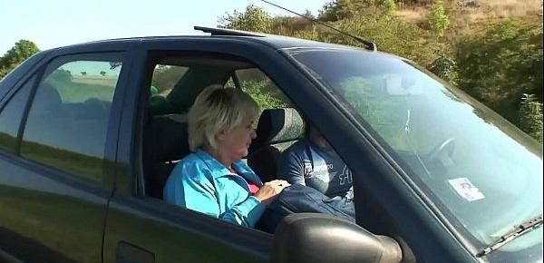  Hitchhiking blonde granny picked up and doggy-fucked roadside
